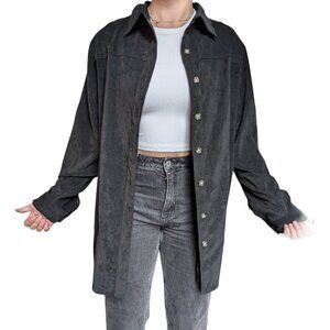 Outline Black Velvet Button Down Long Sleeve Shirt with  Brown Buttons Size 16W